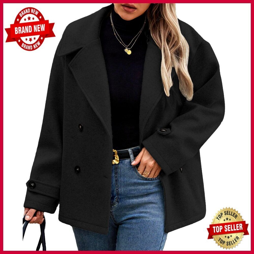 Wool Blend Pea Coat Double Breasted Blazer Jacket Women's Hip Length